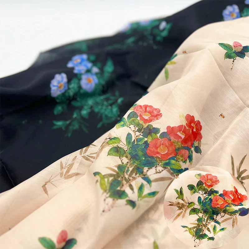 

Цветок камелии, новое китайское платье в китайском стиле, одежда Cheongsam, ткань с принтом, шифоновая ткань, имитация тенселя, хлопчатобумажная ткань