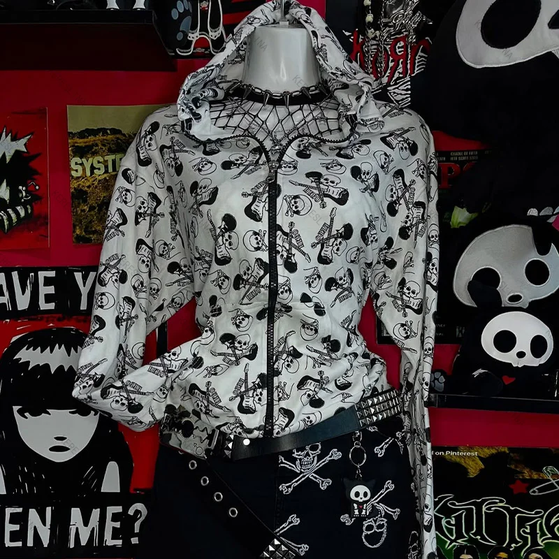 

Y2k 2000s retro Goth punk style skull zipper hoodie Hip hop subculture Harajuku hoodie European and American fashionable hoodie