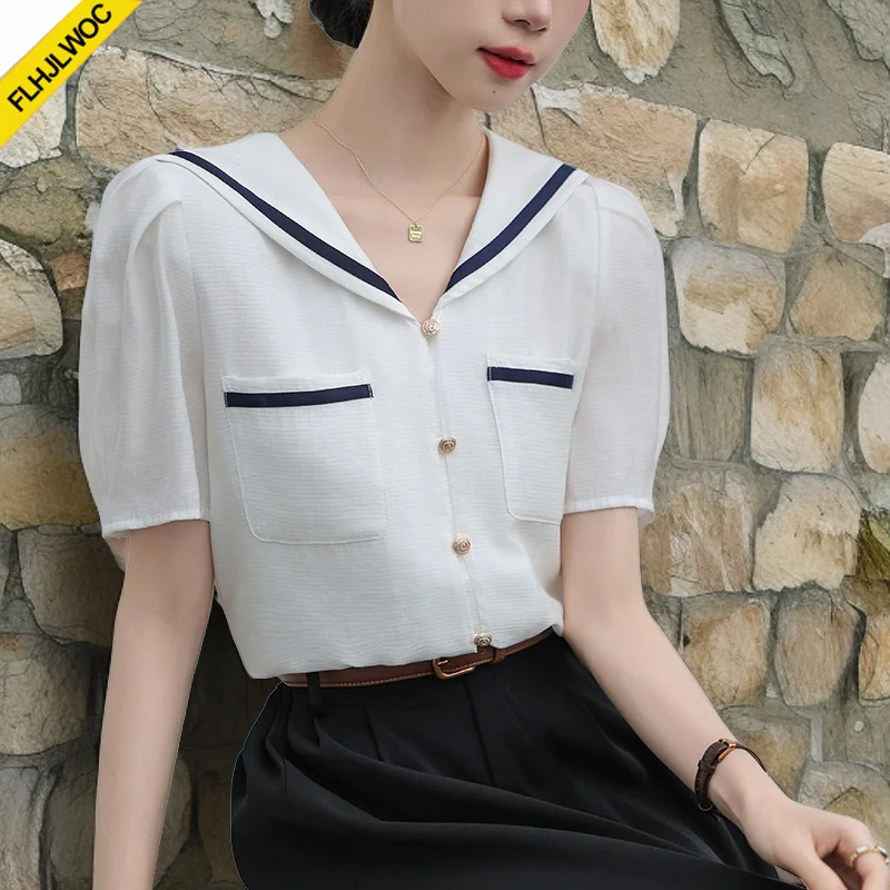 Cute Peter Pan Collar Tops Blouses New 2024 Summer Sweet Girls Preppy Style Solid Pockets White Button Shirts