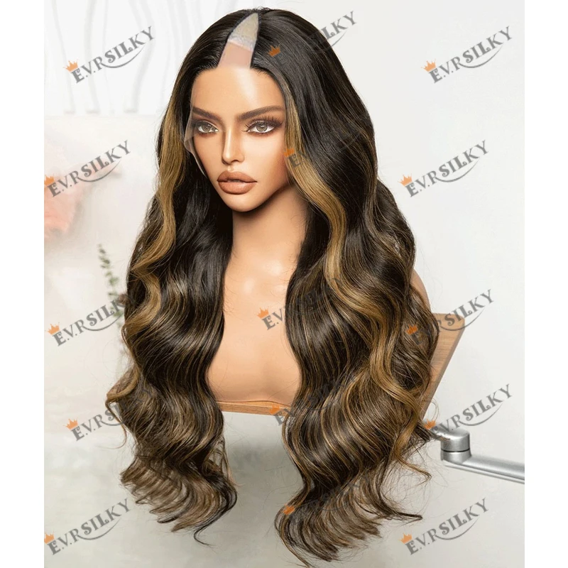 Loiro Deep Body Wave Perucas para mulheres negras, 100% cabelo humano virgem, Glueless U Part Perucas, V Shaped Highlight, 1x4, fácil instalação