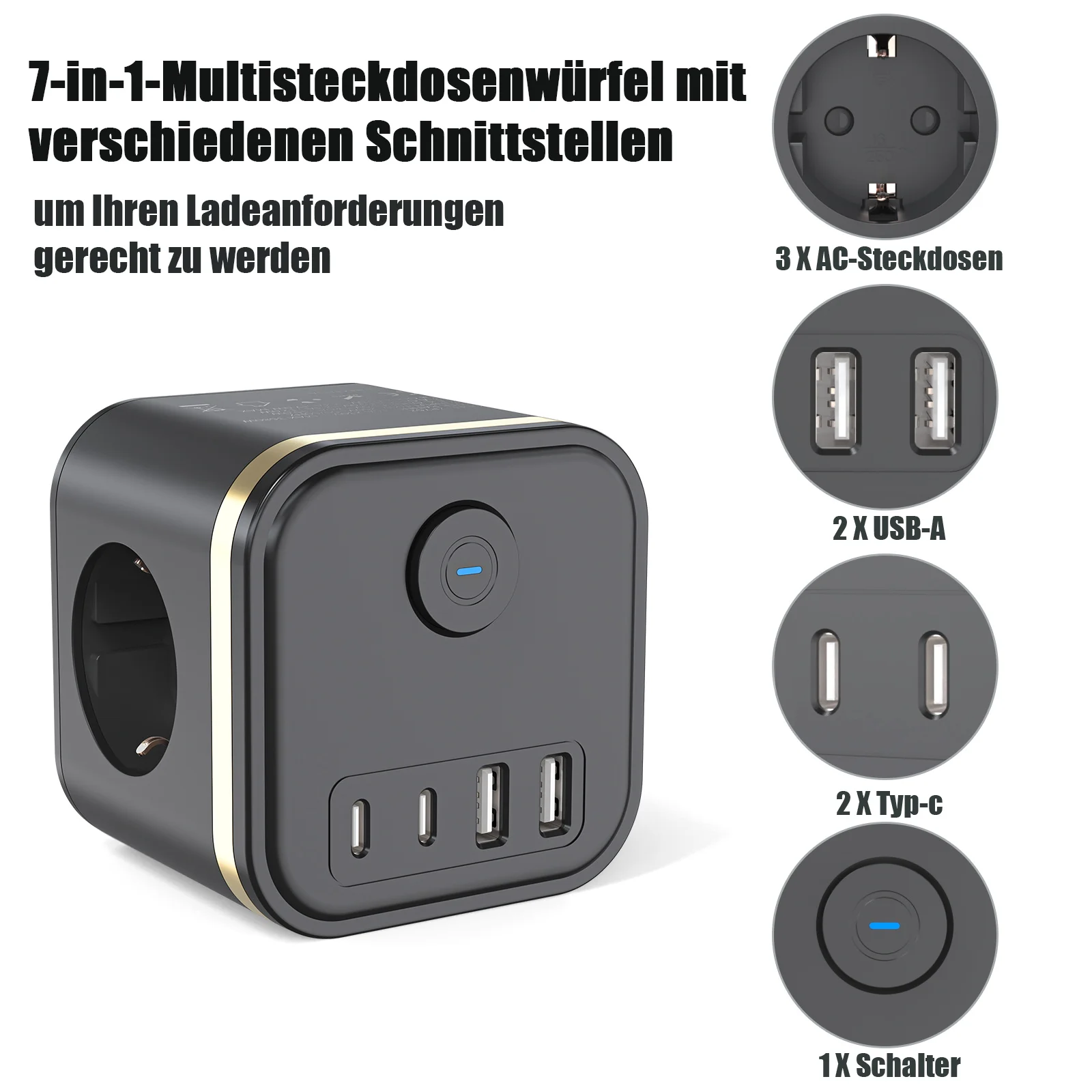 3680W Wall Socket Extender with 3 AC Outlets 2 USB 2 Type C Ports, EU Plug Power Strip Desktop Charger 230V with Switch for Home