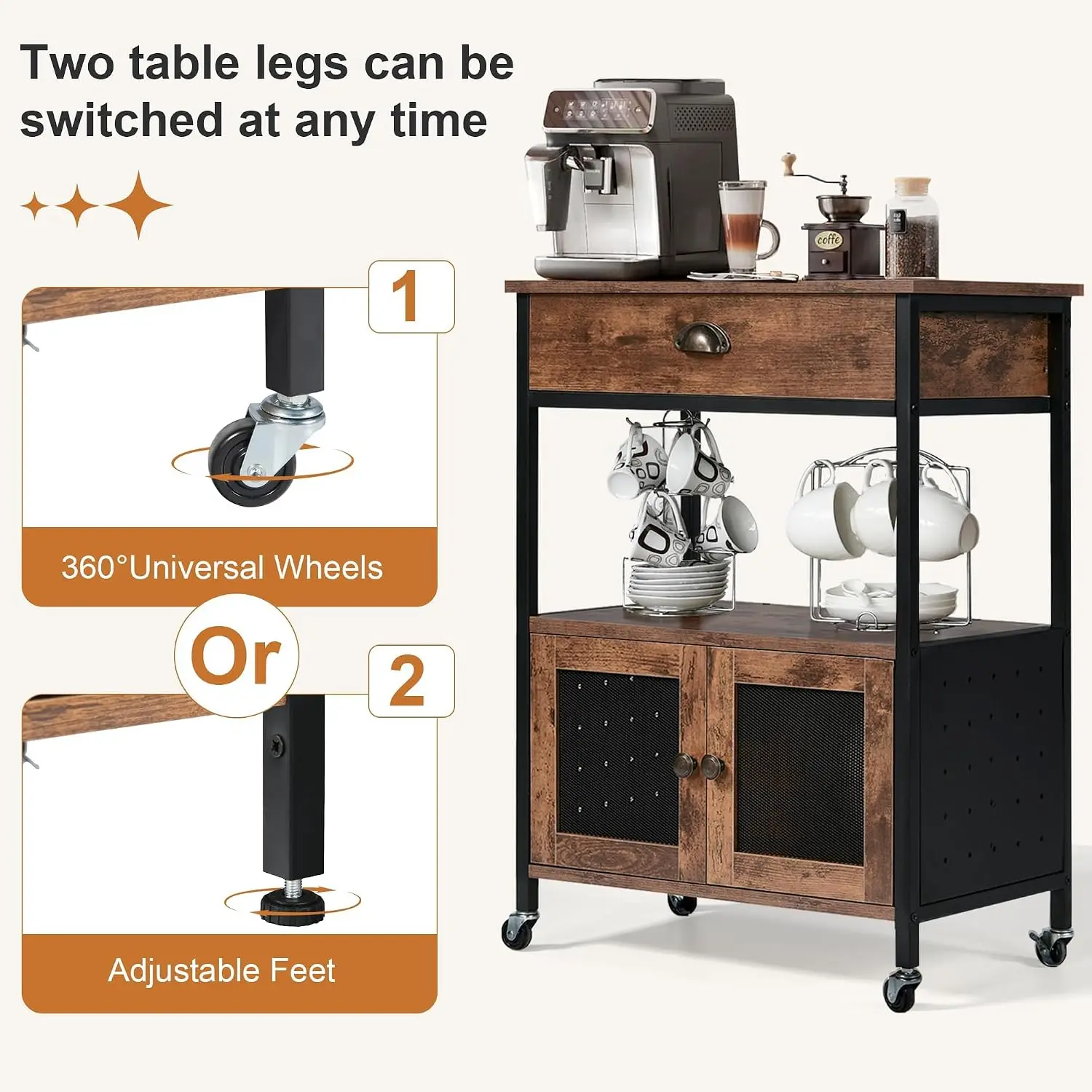 Coffee Bar Cart Cabinet,3 Tier Coffee Station Table on Wheels,Coffee Cart with Storage for Home Kitchen, Liquor Buffet Sideboard