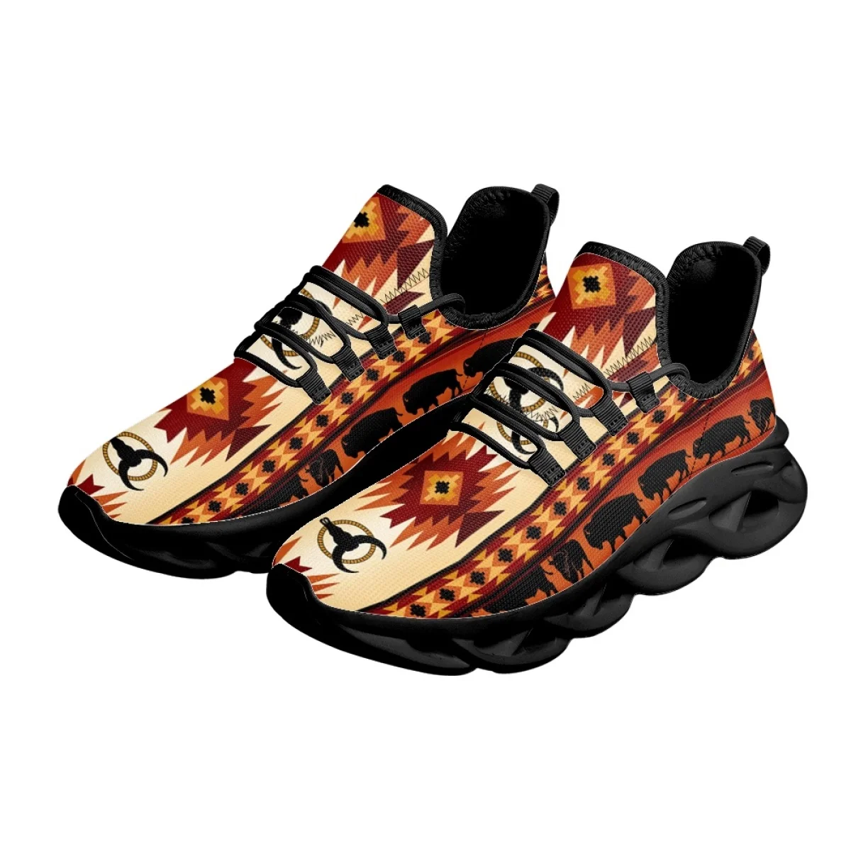 INSTANTARTS Tribal Aztec Cow Sneakers Lightweight Breathable Mesh Soft Shoes Women Outdoor Sports Tennis Walking Vulcanize Shoes