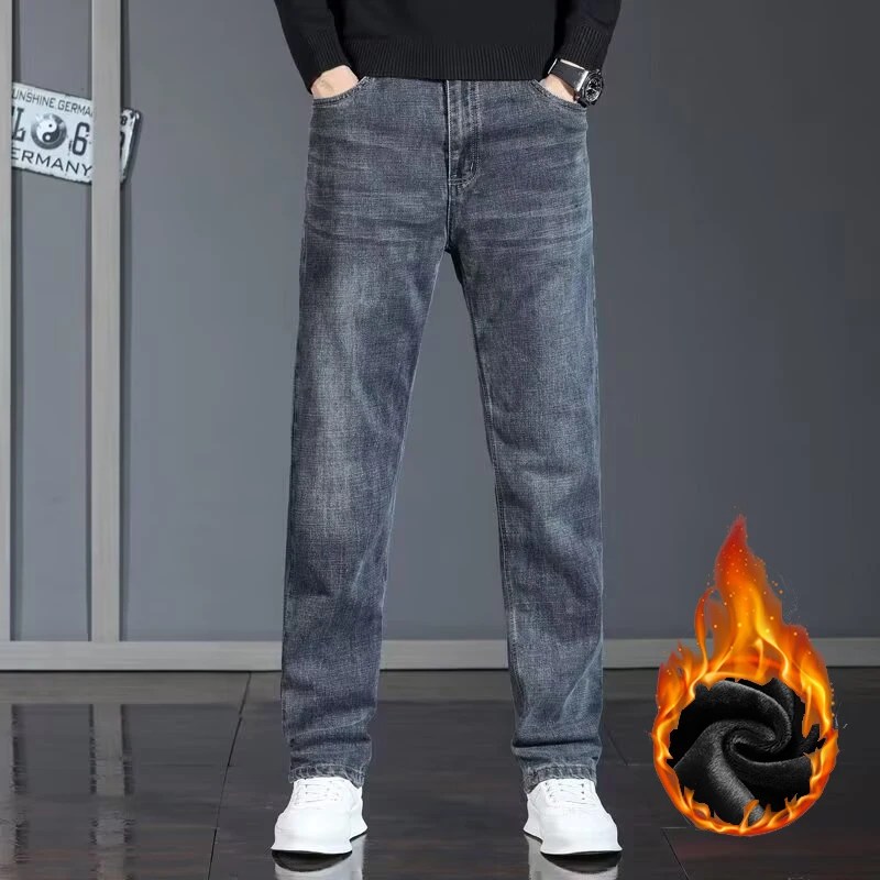 Winter Hot Sale Men Fleece Jeans Male Fashion Versatile Thickened Warm Pants Classic Stretch Straight Leg Denim Trousers
