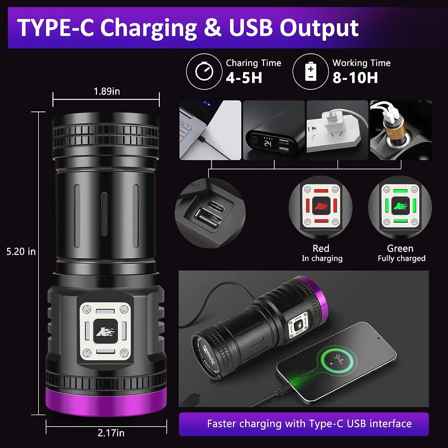 9LED 395nm USB Rechargeable UV Blacklight Torch Pet Urine Detector Resin Curing Scorpion Rock AC Leak Bed Bug Blood Uranium Lamp