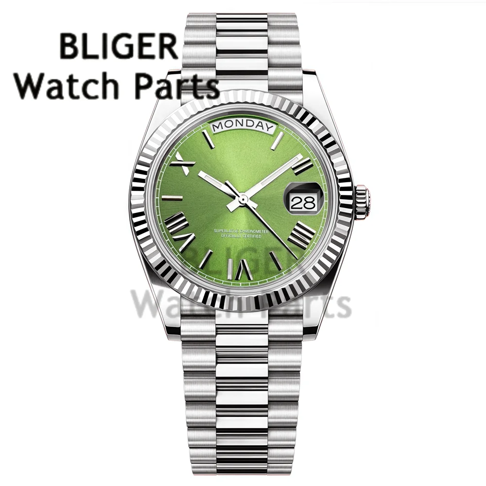 BLIGER ミヨタ 8285 機械式 メンズ 36mm/39mm 曜日表示 腕時計 プレジデント ストラップ スチール ダイバー 高級 ゴールドウォッチ メンズ