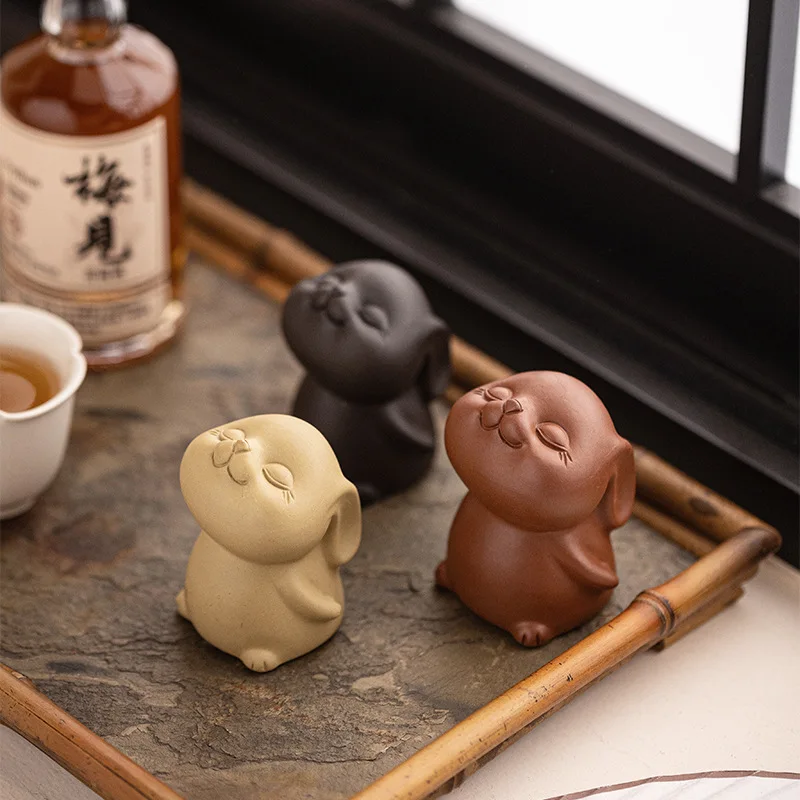 紫粘土製のかわいい自慢のうさぎの茶寵、ミニフィギュア、カンフー茶盆、茶器、家庭用テーブルクラフト装飾アクセサリー