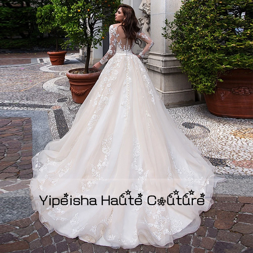 Yipeisha Ballkleid Champagner Empire eine Linie Organza Spitze Sweep Zug Brautkleider voller Ärmel Brautkleider Gürtel bis 2022