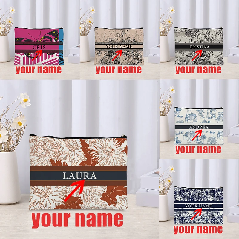 Celadon Blue Ink Sketch Flower and Bird Printed Custom Withe Name Makeup Bag for Women Travel Bag Cosmetics Luxury Designer Bags
