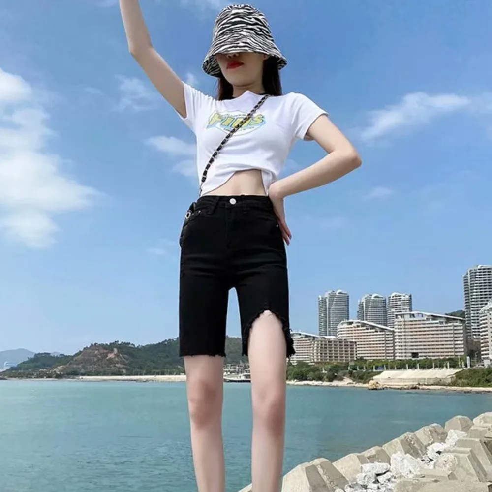 Feynzz Fashion New Summer Women High Waist Button Wigh Leg Jeans Shorts Casual Female Loose Fit Blue Denim Shorts