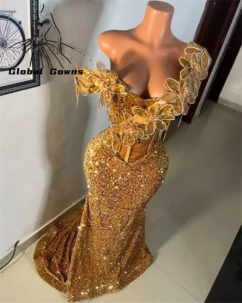 Vestidos de fiesta Aso Ebi dorados brillantes para niñas negras, apliques de cristales con hombros descubiertos, vestidos formales para fiesta de graduación con lentejuelas personalizadas