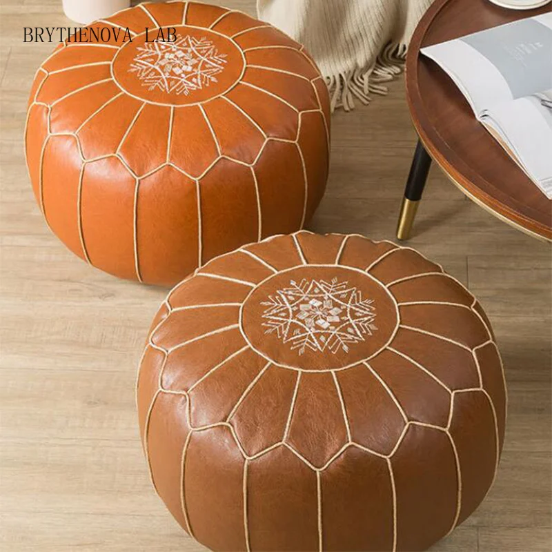 Moroccan PU Leather Pouf Embroider Craft Hassock Ottoman Cover Footstool Round Artificial Leather Pouffe Cushion Unstuffed