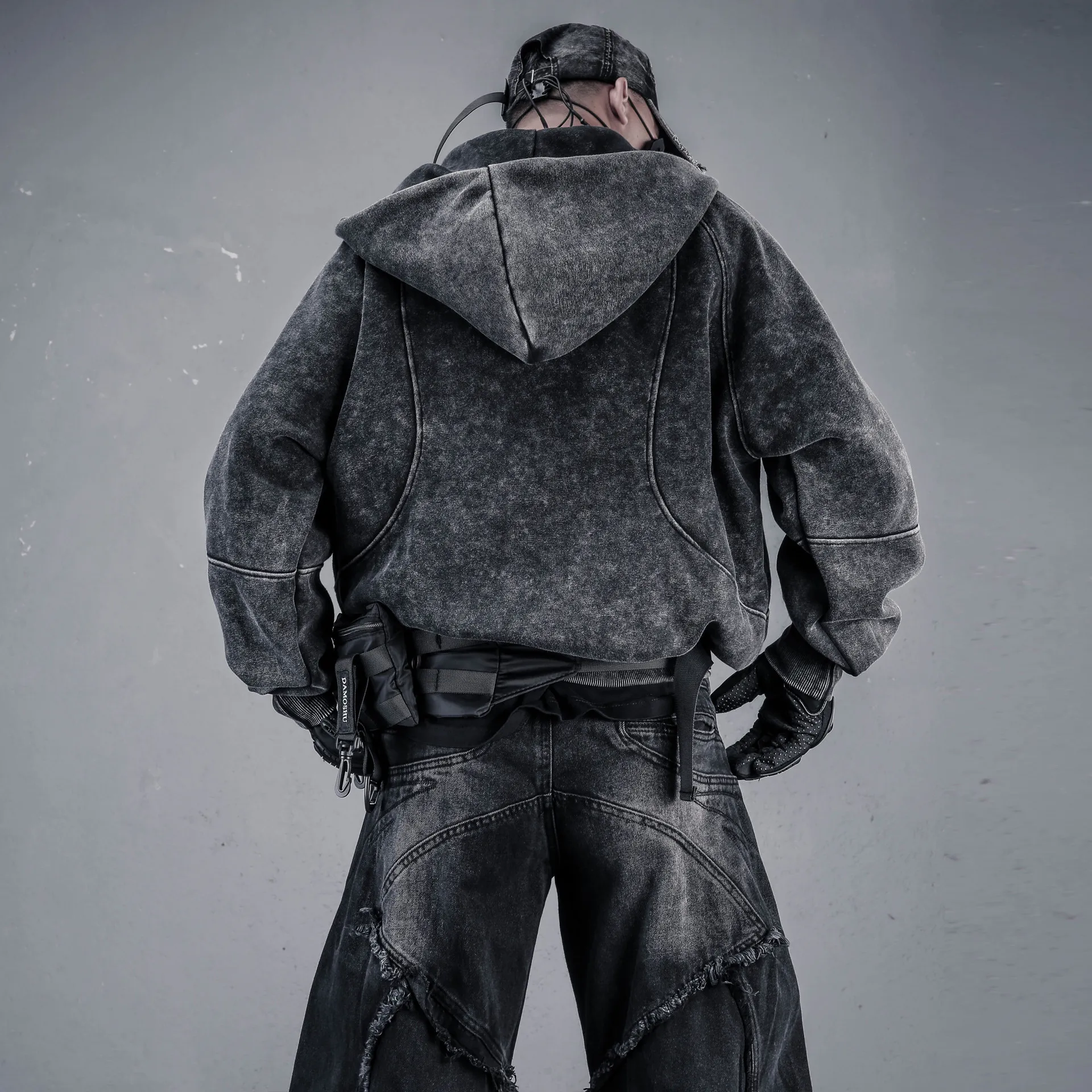 Niche Wasteland Style Oblique Zipper Design Sweater Men's  Wash American Water Retro Style Personality Loose Hooded Coat Men's