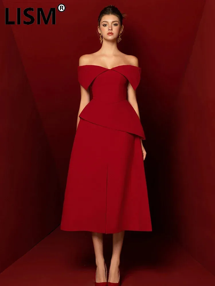 

LISM Women's Elegant 2 Pcs Set Slash Neck Solid Pleated High Waist Asymmetry Top Split Skirt Suit Female 2024 Summer 13DB7061