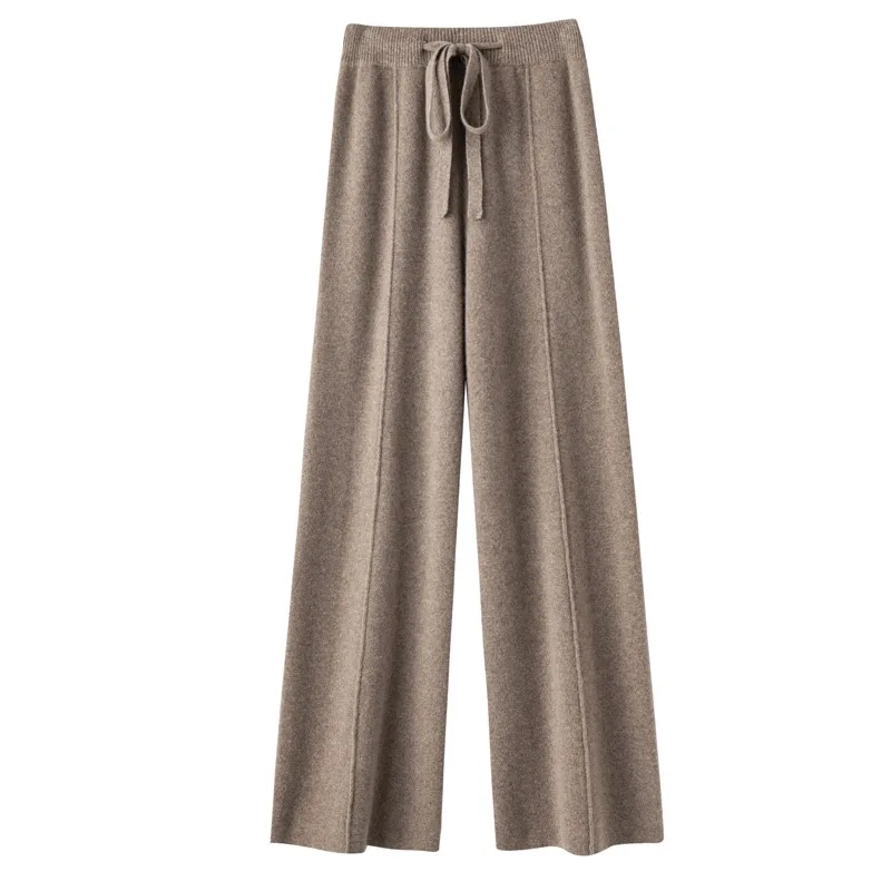 New Arrival Women High Waist Wide Leg Pants For Autumn Winter Thick Warm Solid Basic Casual Trousers 100% Merino Wool Knitwear