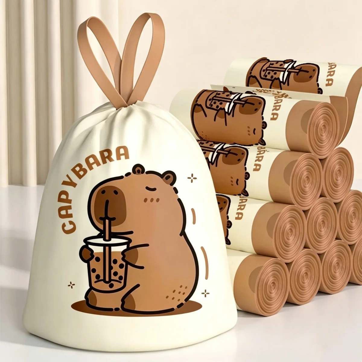 1 roll/50pcs 45x45cm Printed Tear-Free Drawstring Trash Bags Disposable Garbage Bags