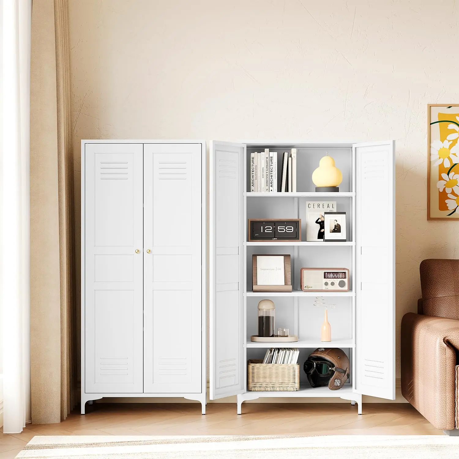 

White Storage Cabinet with Feets-Metal Home Kitchen Pantry Cabinets with Doors and Adjustable Shelves,Organization, Customized
