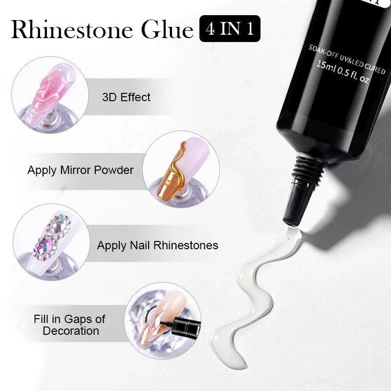 LILYUCUTE 4 IN 1 Nail Rhinestone Gel for DIY 3D Shaping Manicure Super Adhesive NO Wipe Nail Gel for Powder Solid Jewelry Gel image 2