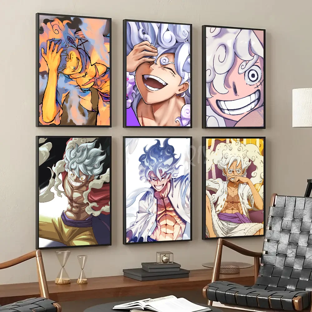 Anime Poster Self-adhesive Art Waterproof Paper Sticker Coffee House O-One-Piece Luffys Sun God Nika Bar Room Wall Decor