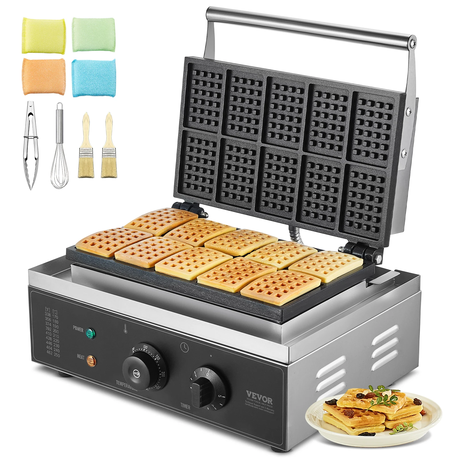 VEVOR Commercial Waffle Maker 10PCS Rectangle Waffle Baker Machine 1550W Non-Stick Stainless Steel Belgian Waffle Iron with Temp