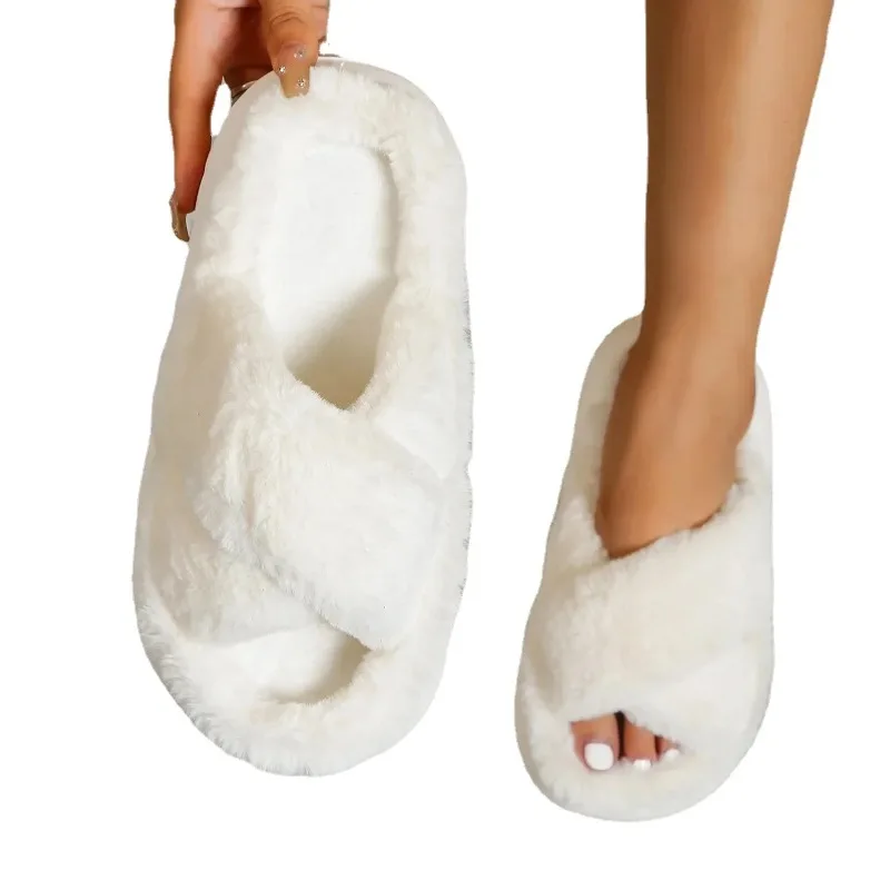 Design Women Winter House Furry Slippers Women Cross Fluffy Fur Home Peep Toe Slides Flat Indoor Shoes Flip Flops 2024