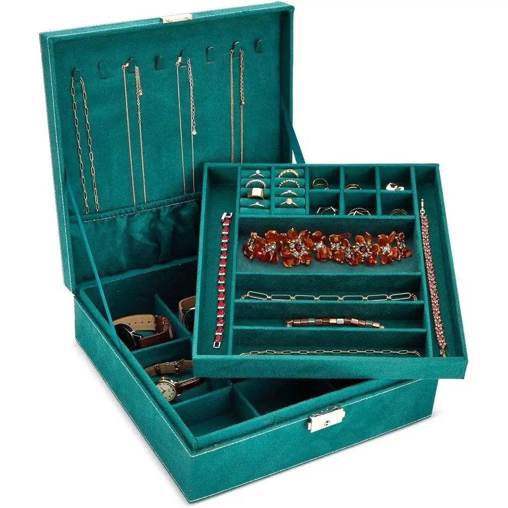 

Green Velvet 2-Tier Lockable Travel Jewelry Box with Removable Tray and Earring Holder, 10.5 x 10.5 x 3.5
