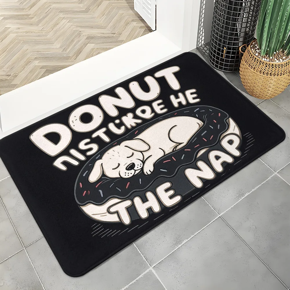 Donut Dog Mat Washable Non-Slip Pet Mat for Dogs Cats – Sleeping Puppy in Chocolate Donut, “DONUT DISTURB THE NAP”, Black