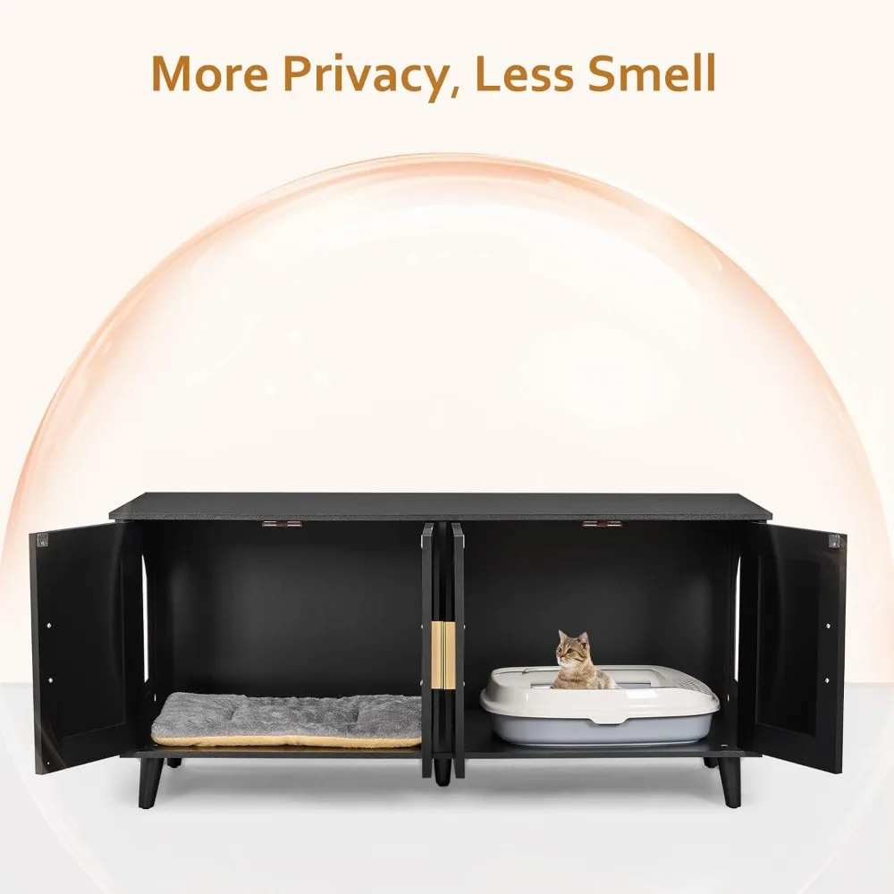 Wooden Double-Door Cat Litter Enclosure for Two Cats with Rattan Accents and Washroom Design