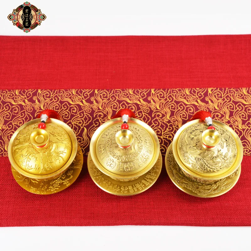 Brass tea set, three-piece set Dragon and Phoenix Auspiciousness Copper Tea Bowl with Hundred Blessings Dragon and Phoenix Lid D