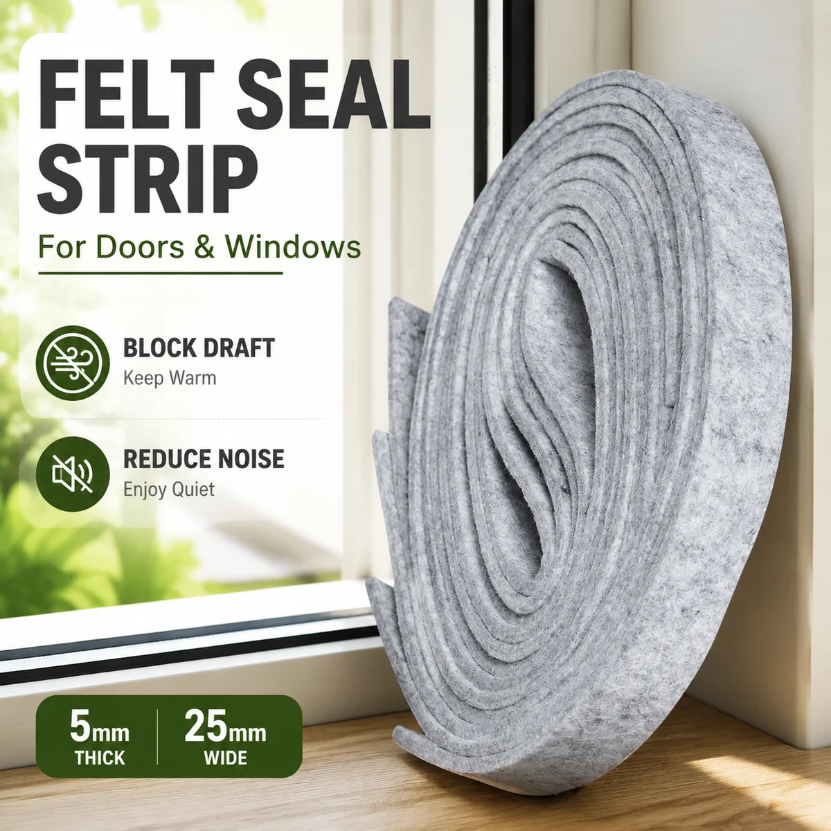Thick Felt Door Window Seal Strip Draft Stopper Weather Stripping 5mm 2.5cm 1.5m 4 Pack Gray Cuttable Dustproof Household goods