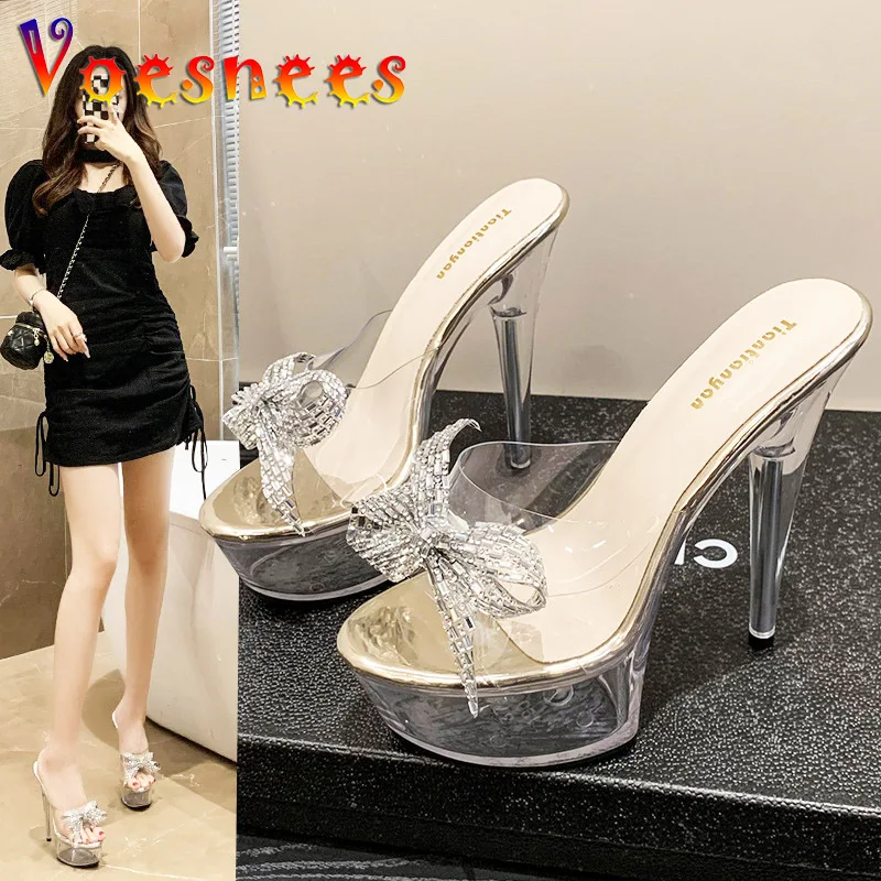 Shiny Bow-knot High Heels Summer Transparent Sandals Club Crystal Stiletto Pumps 15CM Rhinestone Women Shoes Zapatos De Mujer