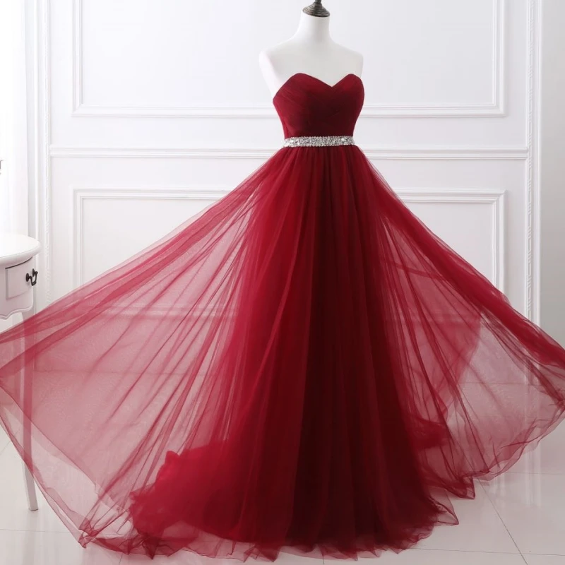 Burgundy Wedding Dress Tulle Diamond Belt Off Shoulder Sleeveless For Wedding Birthday Party Banquet Evening Gowns