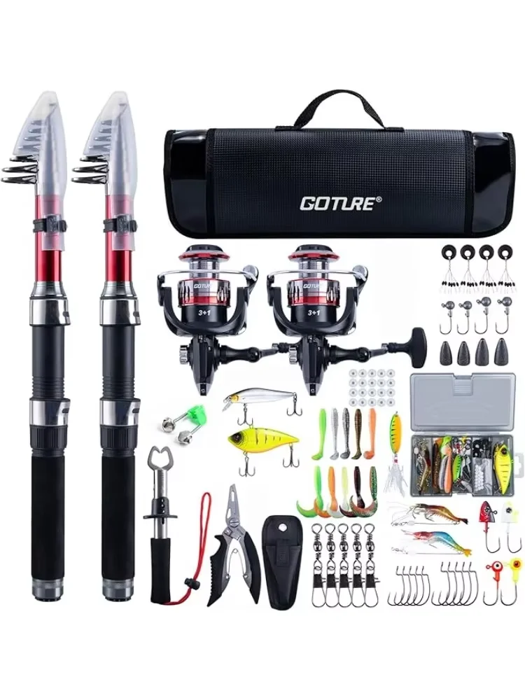 2PCS Black Red Fishing Rod Reel Combos Telescopic Pre Spooled Kit Lure Tool Travel Saltwater Freshwater Gifts 1.8M-2.7M