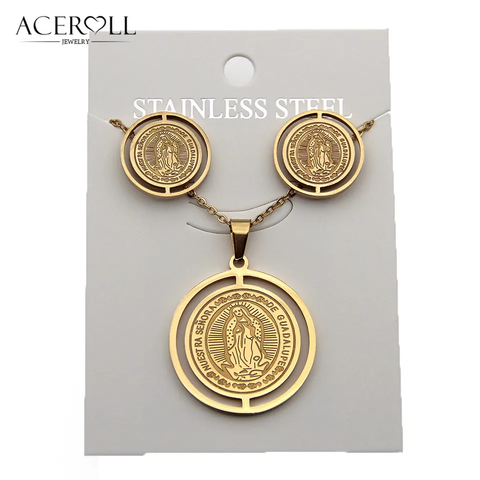 ACEROLL Steel Catholic Earring And Pendant Necklace With Round Medal Of Virgin Mary And Lady Of Guadalupe, Jewelry Set
