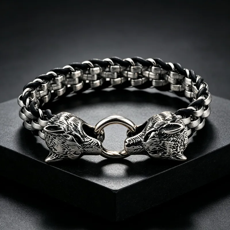 European and American Hip-hop Rock Fashion Personality Trendy Accessories for MEN'S Stainless Steel Wolf Head Bracelet