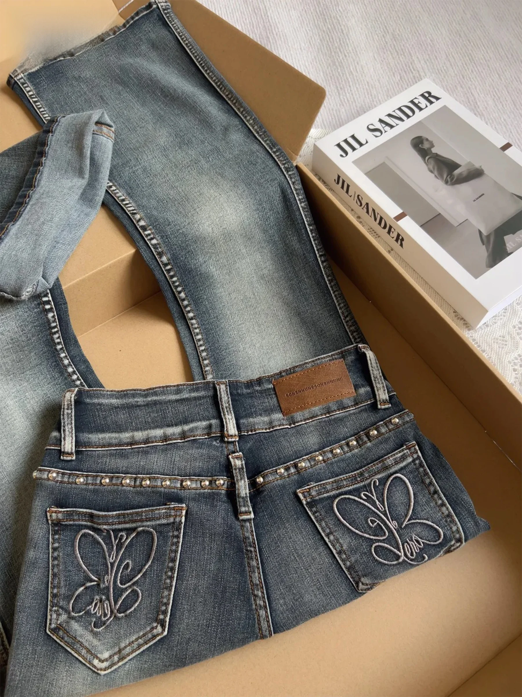 

Женские джинсы-клеш с низкой талией, летние, облегающие, сине-серые, в американском стиле, повседневные, из смесового хлопка и полиэстера