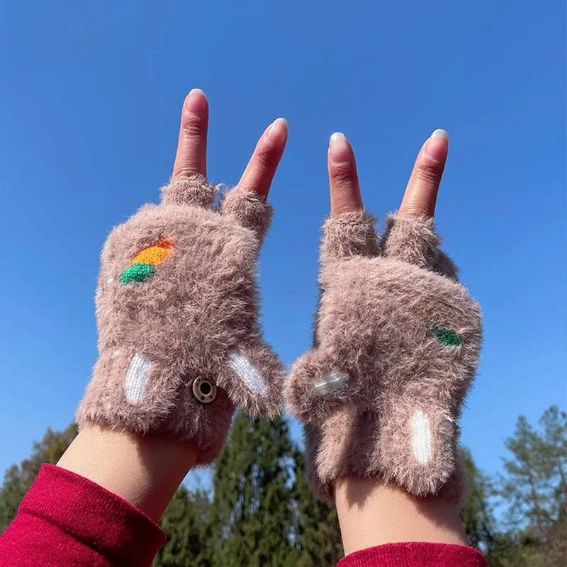 Thickened Knitted Faux Fur Half Finger Flip Cover Warm Gloves for Women Outdoor Cycling in Winter Student Writing Gloves