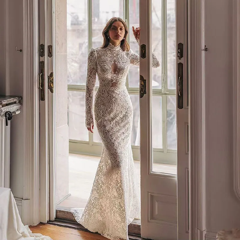 

Exquisite Illusion High Collar Elegant Lace Long Sleeve Wedding Dress Mermaid Bridal Marriage Bride Gowns Vestidos De Novia