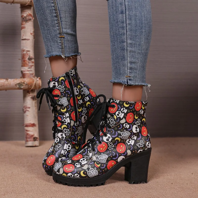 European American Halloween Women's Boots 2026 Autumn New Skeleton Decoration Printed Large Design Sense Women's Short Boots
