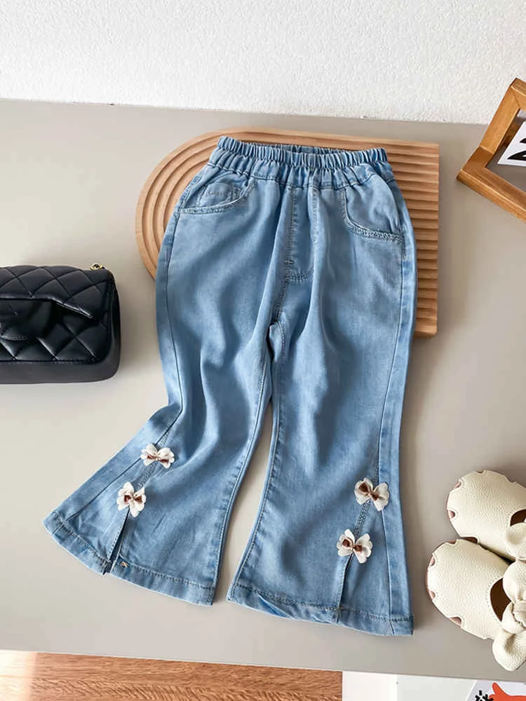Pantalones vaqueros para niñas, pantalones divididos a prueba de mosquitos de estilo fino de verano para niñas, pantalones vaqueros de seda de hielo suave de verano