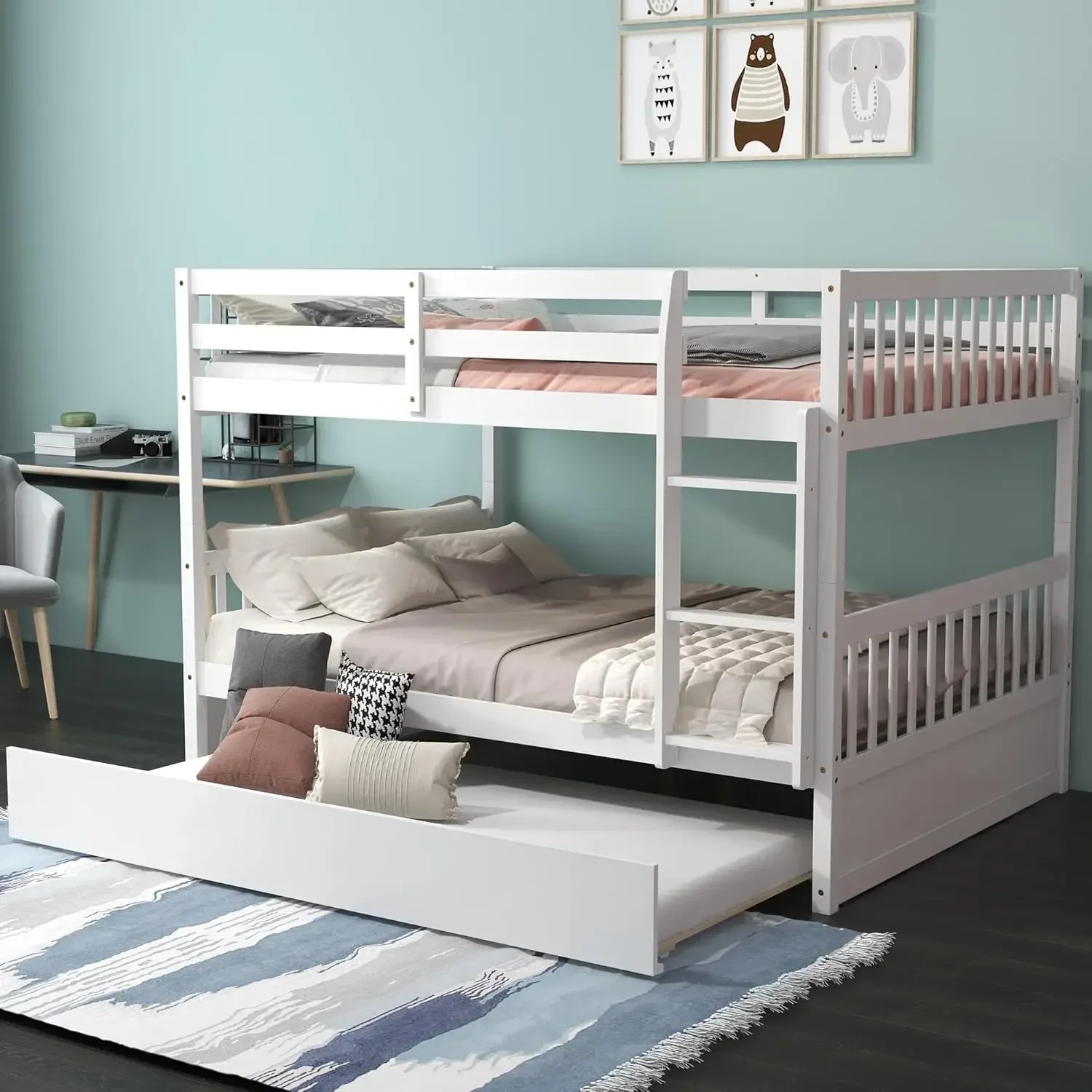 Bed Frame with Ladder, Solid Wood Frame & Safety Guardrails, Space-Saving Bunk Bed for Teens & Adults, No Box Spring Needed