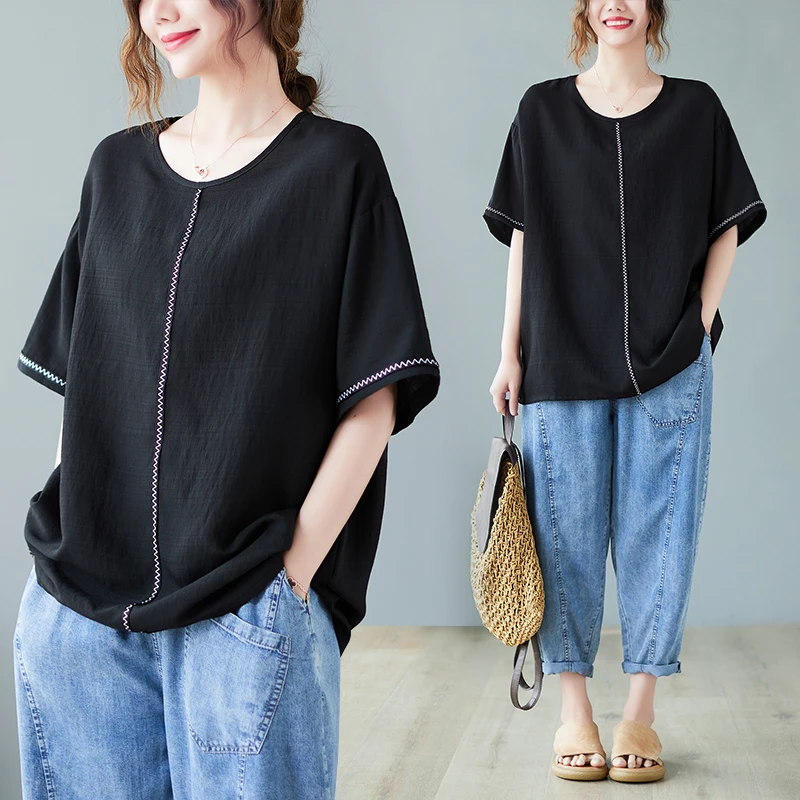 

Художественная хлопковая льняная футболка ort Sve, повседневная круглая футболка Ne Cover Belly, свободный топ на голову для женщин больших размеров