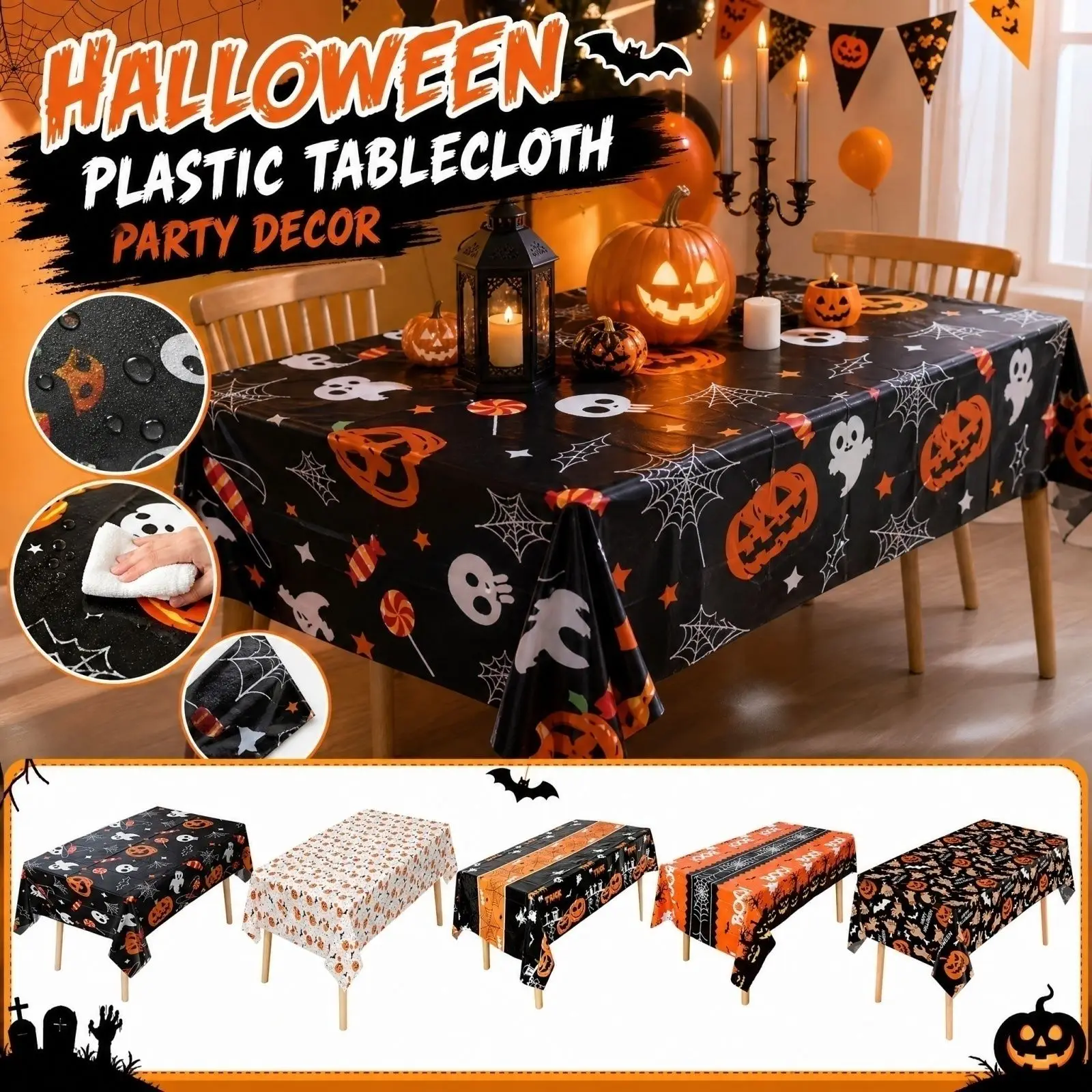 Halloween Pumpkin Ghost Pattern Disposable Plastic Tablecloth  Birthday Party Table Cover Wipe Covers Rectangle Desk Cloth Decor