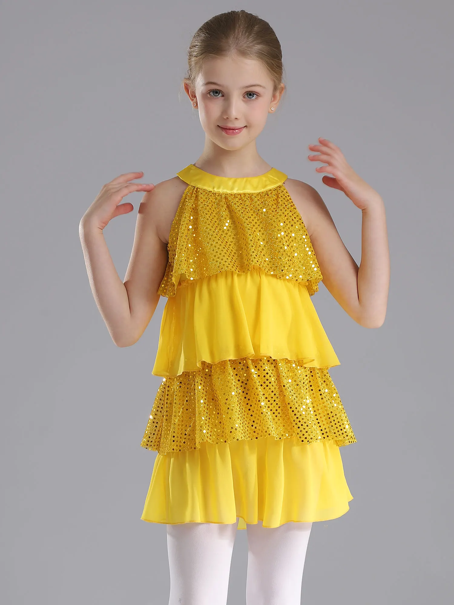 Kids Girls A-Line Prom Party Dresses Modern Jazz Latin Dance Performance Costume Shiny Sequins Tiered Ruffled Skirted Playsuit