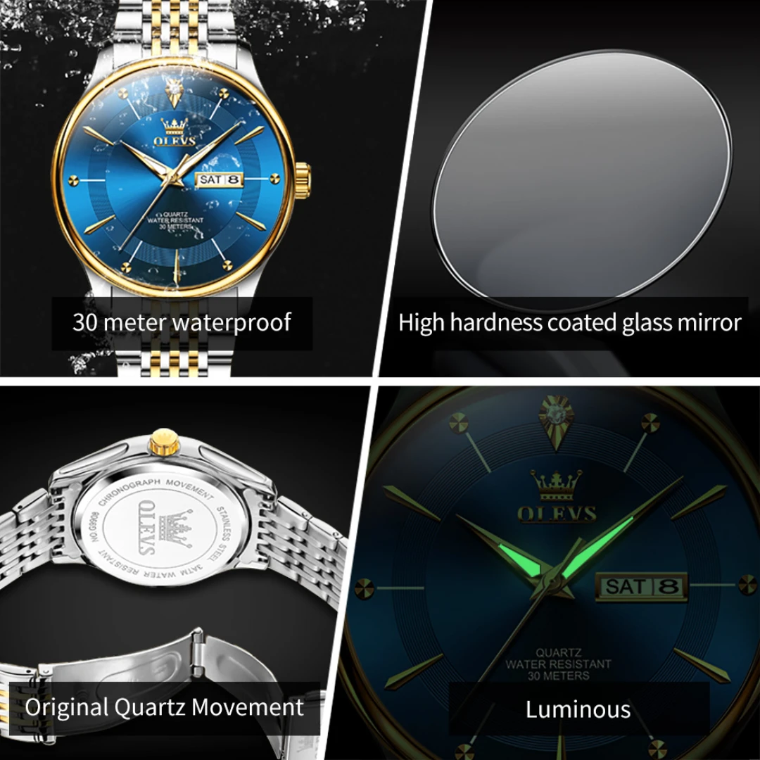 Olevs 9908 negócios relógio de quartzo presente mostrador redondo pulseira de aço inoxidável relógio de pulso semana exibição calendário luminoso