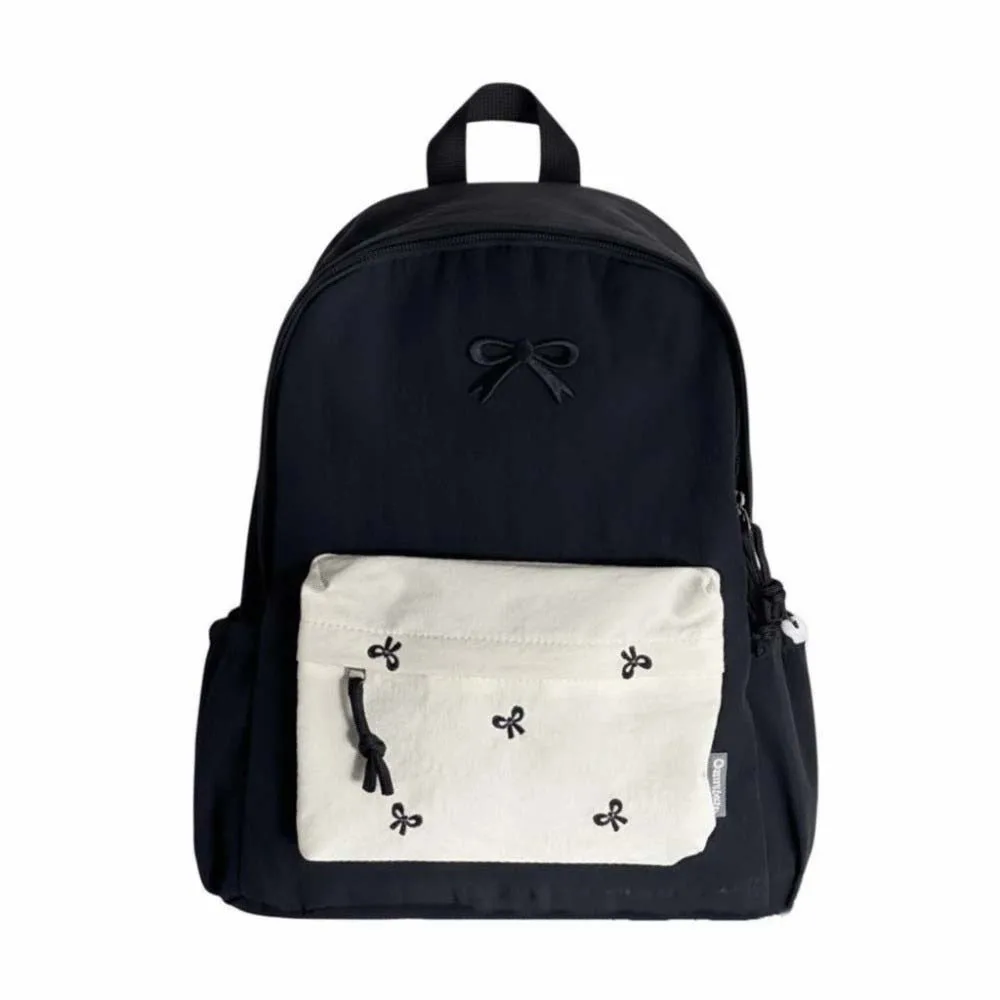 

Daypack Canvas Bow Backpack Embroidered Contrast Color Students School Bag Scratch Prevention Durable Large Capacity Backpack