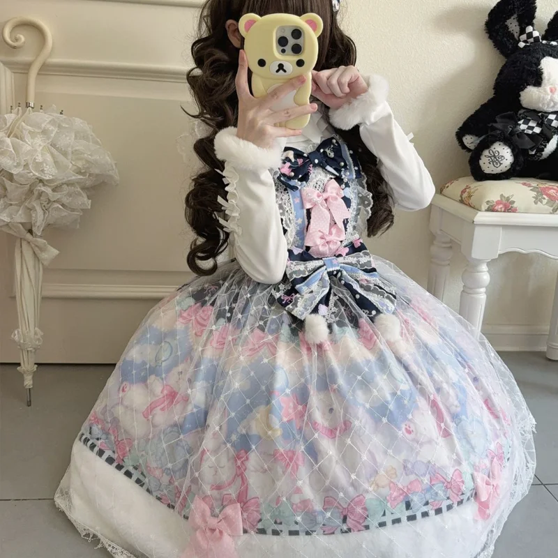 2025 japonés lindo niñas dulce vestido de tirantes de Lolita conjunto de capa invierno nuevo lindo arco de encaje vestido de fiesta de cumpleaños mujeres Lo Kawaii vestido