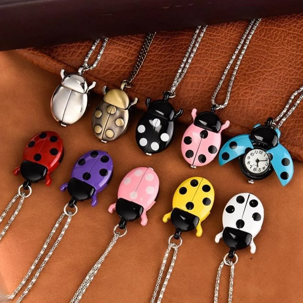 Fashion Multi-color Ladybug Pocket Watch Quartz Lightweight Pocket Watch with Chain Beetle Pocket Watch