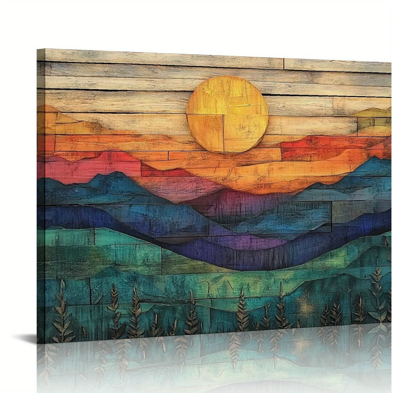 1PC Wooden Framed Canvas Art Painting with Layered Woodgrain Pattern Sun and Levitation Hallway and Living Room Decoration