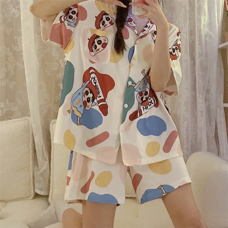 Silk Pajamas Sets For Women 2024 Summer Y2K Japan Anime Crayon Homewear Satin Girls Kawaii Cute Loose Sleepwear Tops and Shorts